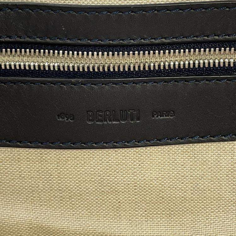 Pre Owned Berluti Calligraphy Tote Bag Green/Navy Leather Canvas