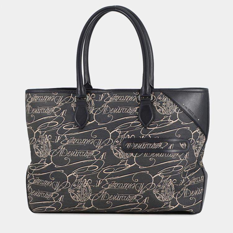 Pre Owned Berluti Calligraphy Tote Bag Green/Navy Leather Canvas