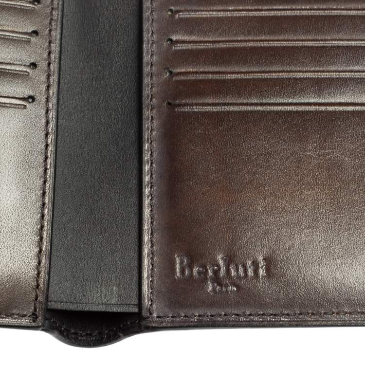 Pre Owned Berluti Dark Brown Scritto Leather Bifold Compact Wallet