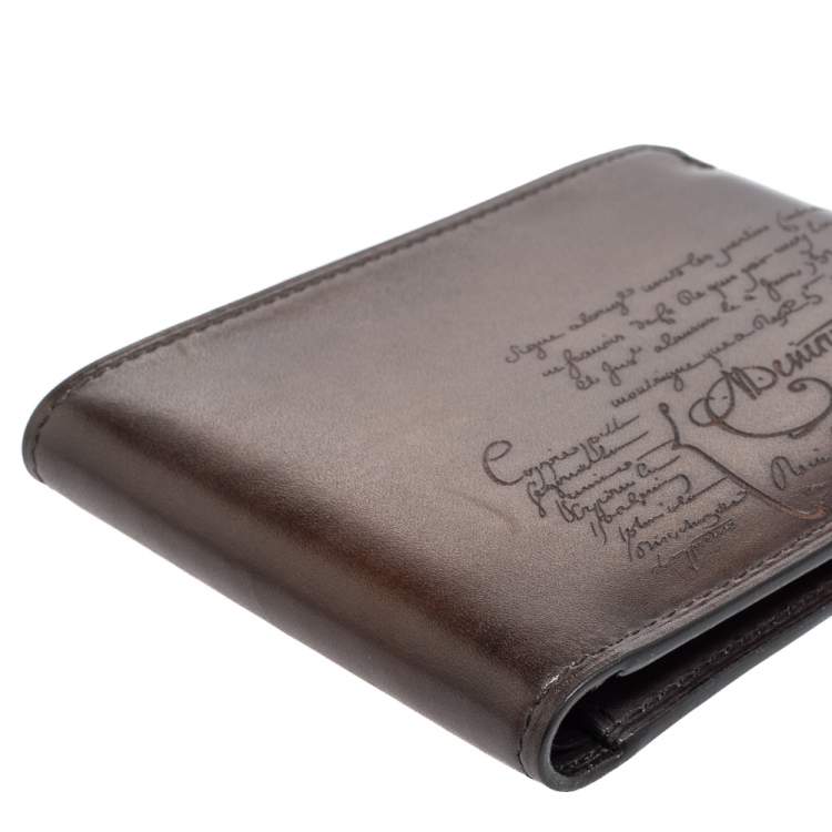 Pre Owned Berluti Dark Brown Scritto Leather Bifold Compact Wallet