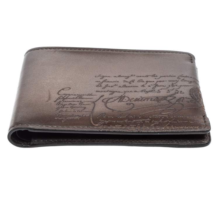 Pre Owned Berluti Dark Brown Scritto Leather Bifold Compact Wallet