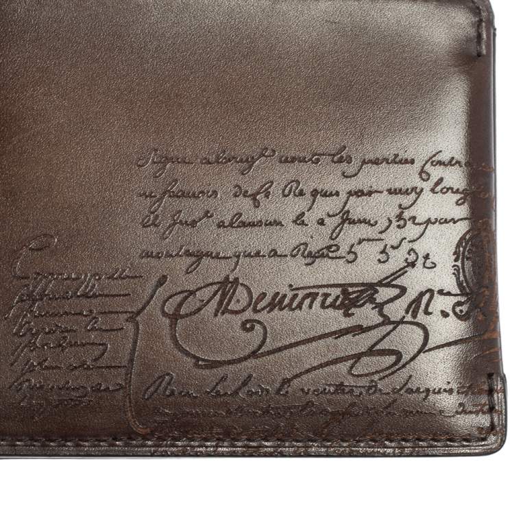 Pre Owned Berluti Dark Brown Scritto Leather Bifold Compact Wallet