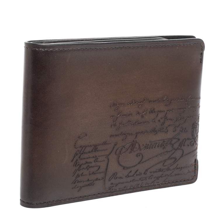 Pre Owned Berluti Dark Brown Scritto Leather Bifold Compact Wallet