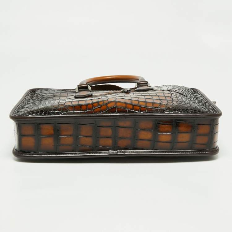Pre Owned Berluti Ombre Brown Alligator Un Jour Briefcase Bag