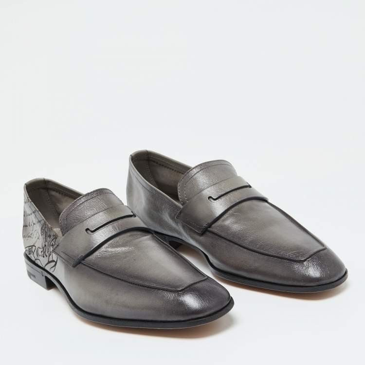 Pre Owned Berluti Grey Leather Lorenzo Scritto Loafers Size 39