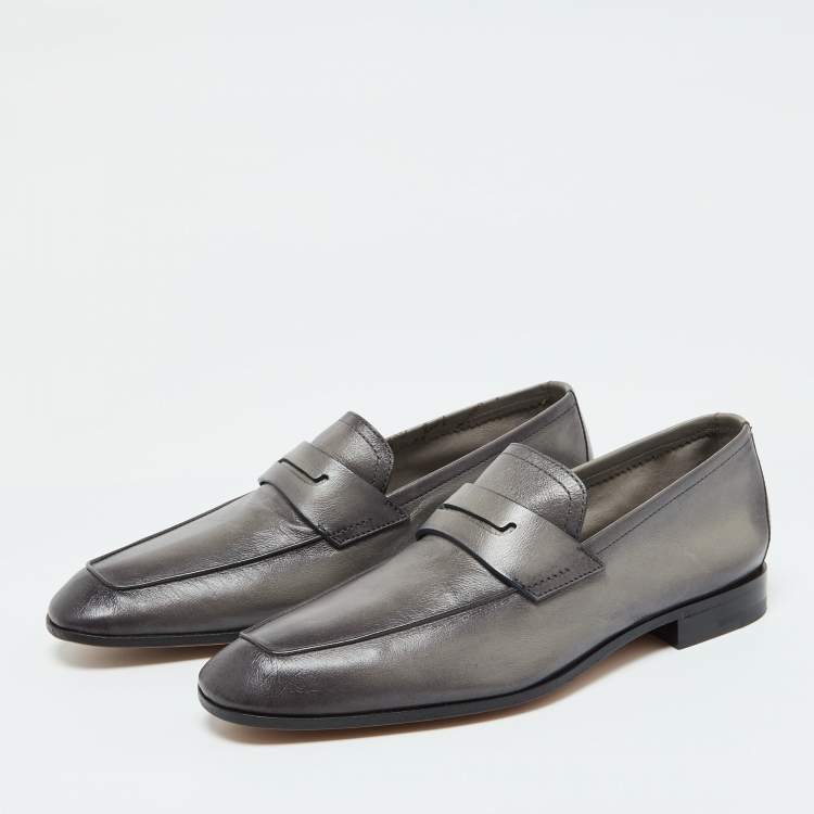 Pre Owned Berluti Grey Leather Lorenzo Scritto Loafers Size 39