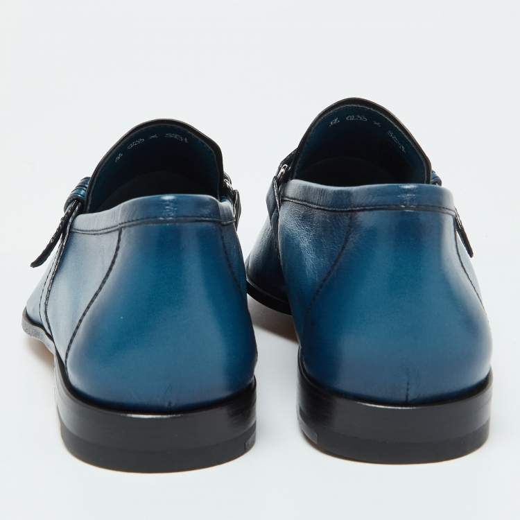 Pre Owned Berluti Blue Leather Strap Detail Slip On Loafers Size 39.5