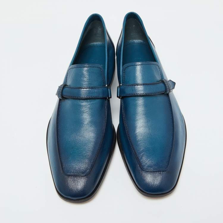 Pre Owned Berluti Blue Leather Strap Detail Slip On Loafers Size 39.5