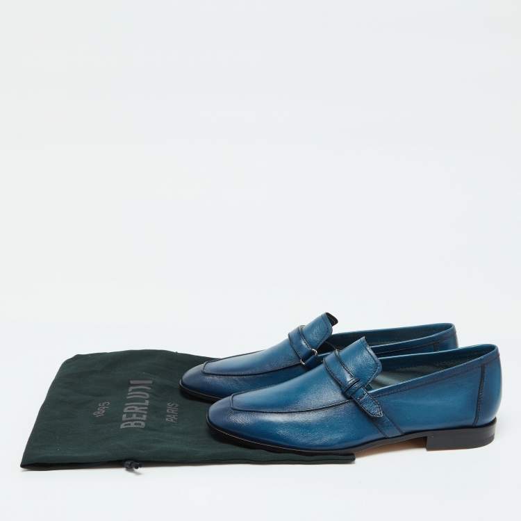 Pre Owned Berluti Blue Leather Strap Detail Slip On Loafers Size 39.5