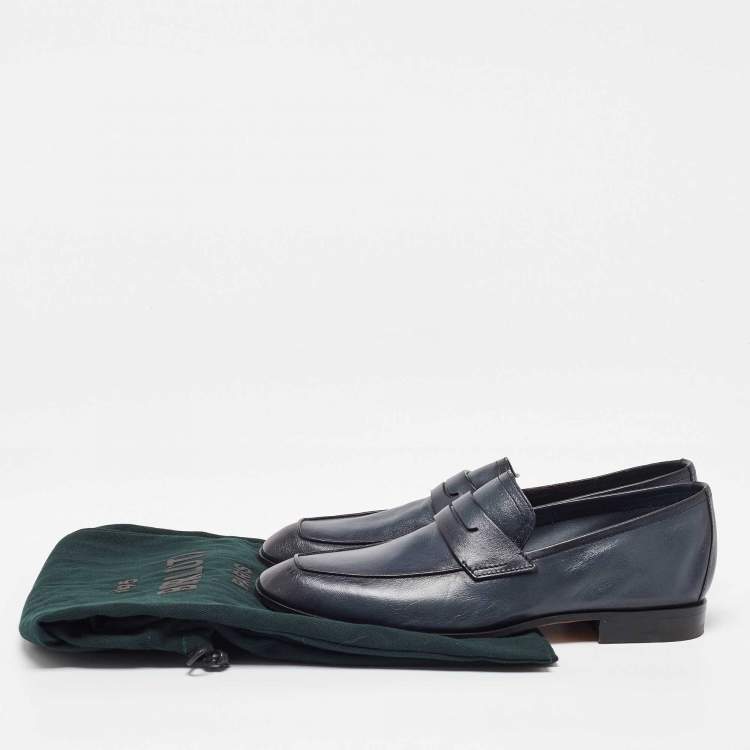 Pre Owned Berluti Blue Leather Lorenzo Scritto Kangaroo Penny Loafers Size 39