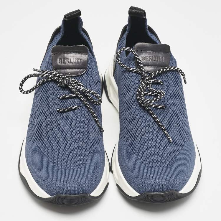 Pre Owned Berluti Navy Blue Shadow Knit Fabric Low Top Sneakers Size 46