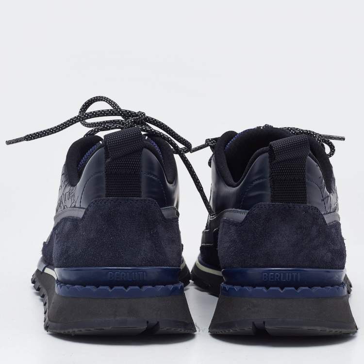 Pre Owned Berluti Navy Blue Canvas and Leather Low Top Sneakers Size 42