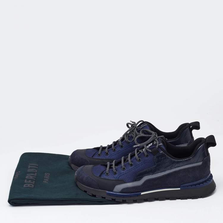 Pre Owned Berluti Navy Blue Canvas and Leather Low Top Sneakers Size 42
