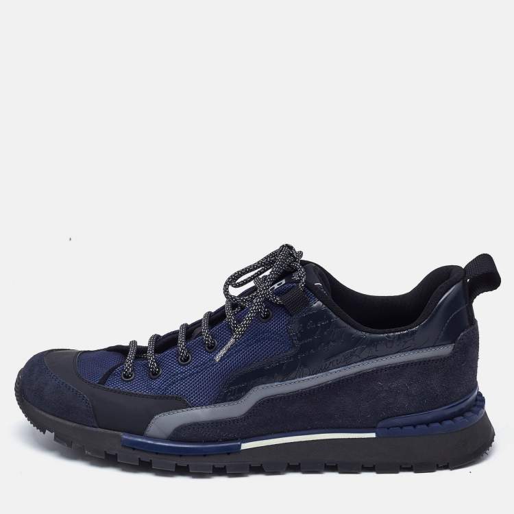 Pre Owned Berluti Navy Blue Canvas and Leather Low Top Sneakers Size 42