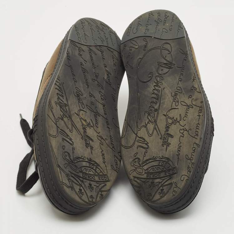 Pre Owned Berluti Green/Black Alligator Leather and Canvas Playfield Lace Up Sneakers Size 42.5
