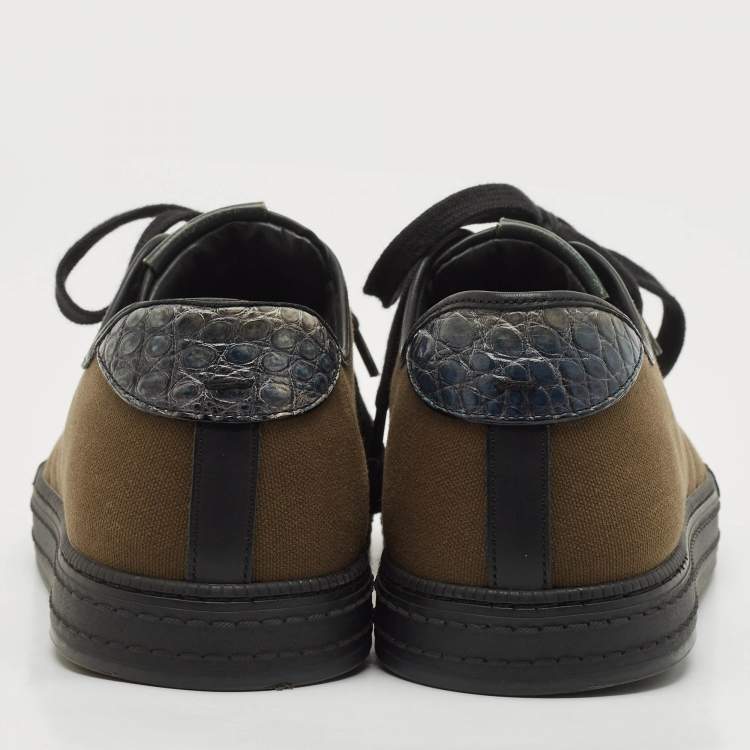 Pre Owned Berluti Green/Black Alligator Leather and Canvas Playfield Lace Up Sneakers Size 42.5