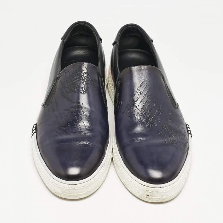 Pre Owned Berluti Navy Blue Leather Playtime Slip On Sneakers Size 42