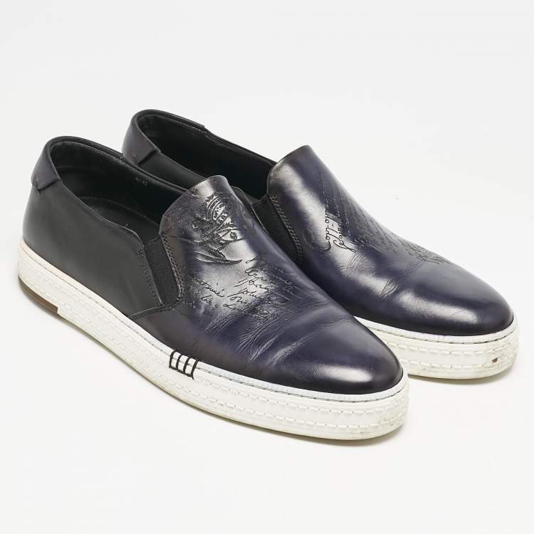 Pre Owned Berluti Navy Blue Leather Playtime Slip On Sneakers Size 42