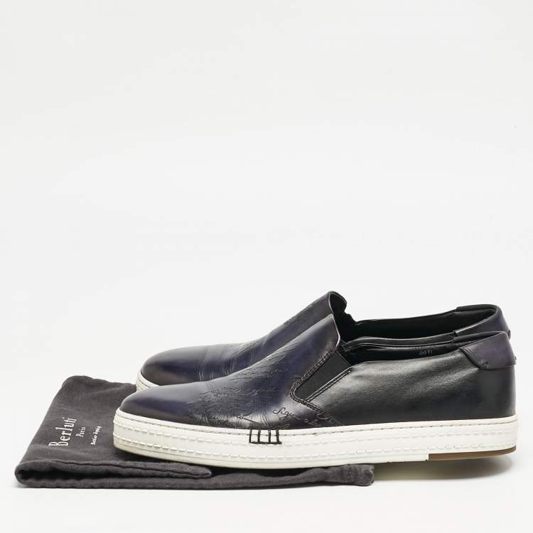 Pre Owned Berluti Navy Blue Leather Playtime Slip On Sneakers Size 42