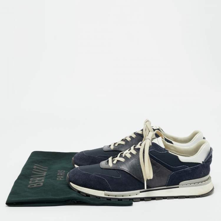 Pre Owned Berluti Navy Blue Leather and Suede Run Track Lace Up Sneakers Size 42.5