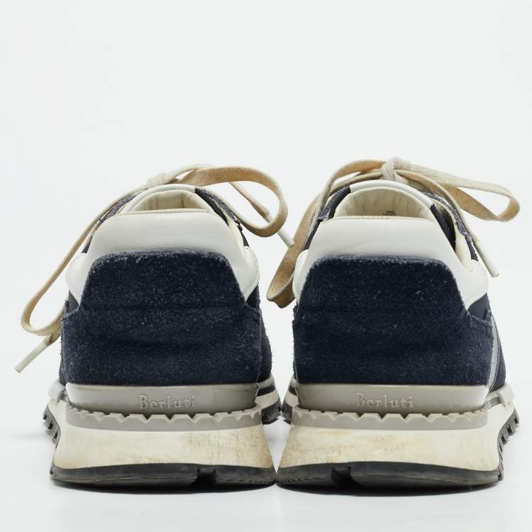 Pre Owned Berluti Navy Blue Leather and Suede Run Track Lace Up Sneakers Size 42.5