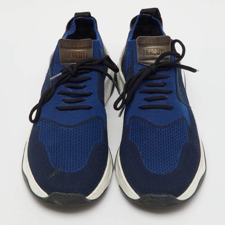Pre Owned Berluti Navy Blue Knit Fabric and Leather Shadow Sneakers Size 44.5