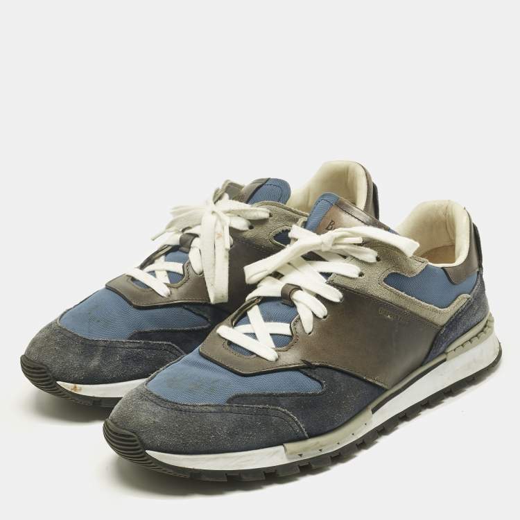 Pre Owned Berluti Navy Blue/Grey Leather and Suede Run Track Lace Up Sneakers Size 42
