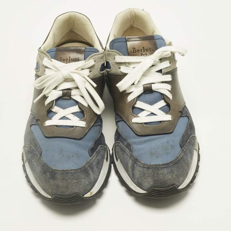 Pre Owned Berluti Navy Blue/Grey Leather and Suede Run Track Lace Up Sneakers Size 42