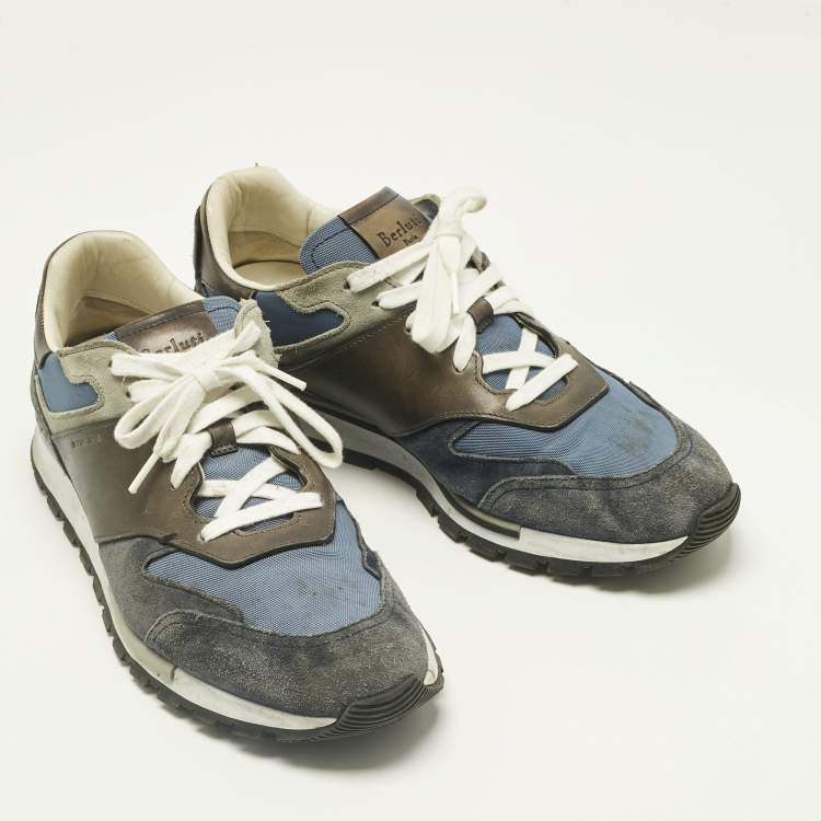 Pre Owned Berluti Navy Blue/Grey Leather and Suede Run Track Lace Up Sneakers Size 42