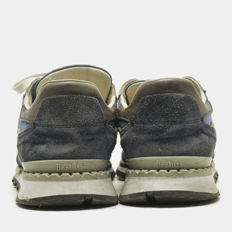 Pre Owned Berluti Navy Blue/Grey Leather and Suede Run Track Lace Up Sneakers Size 42