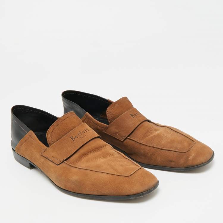 Pre Owned Berluti Brown/Black Leather and Nubuck Leather Penny Loafers Size 42