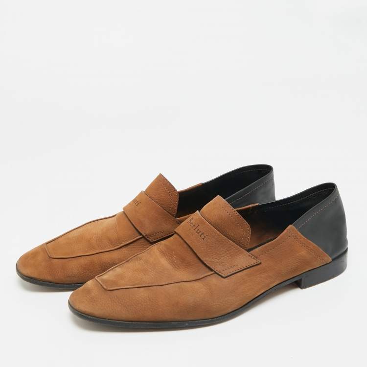Pre Owned Berluti Brown/Black Leather and Nubuck Leather Penny Loafers Size 42