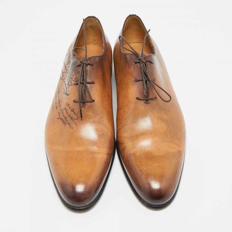 Pre Owned Berluti Brown Leather Alessandro Galet Scritto Lace Up Oxfords Size 42