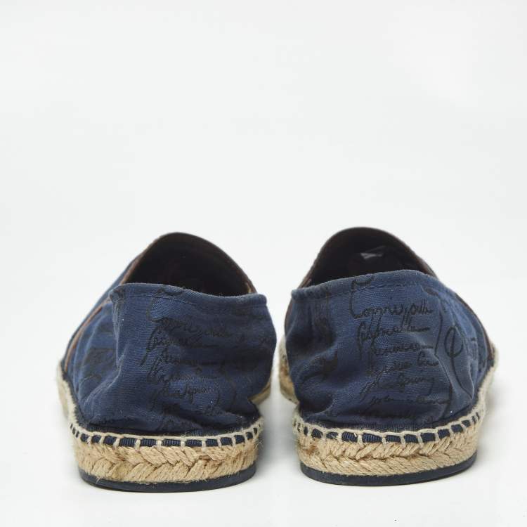 Pre Owned Berluti Navy Blue Canvas and Leather Slip On Espadrille Size 43