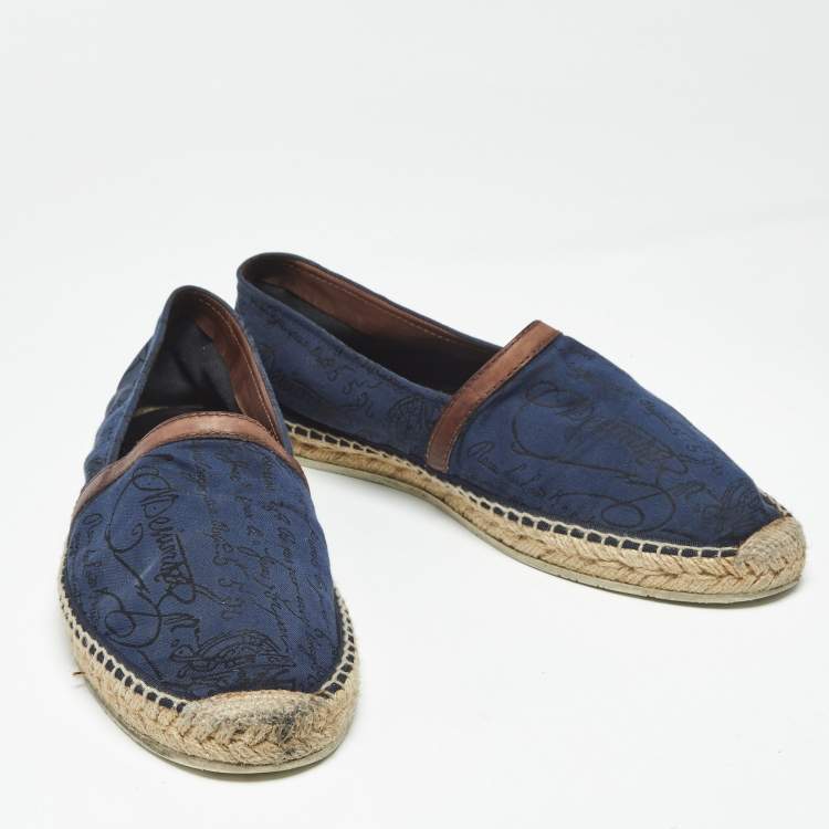 Pre Owned Berluti Navy Blue Canvas and Leather Slip On Espadrille Size 43