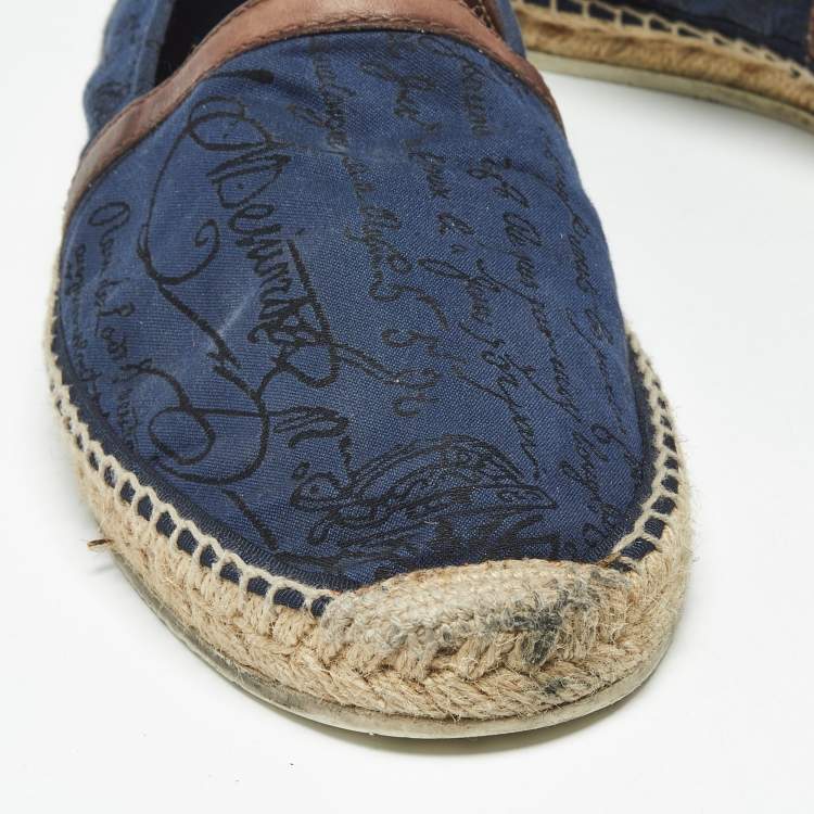 Pre Owned Berluti Navy Blue Canvas and Leather Slip On Espadrille Size 43
