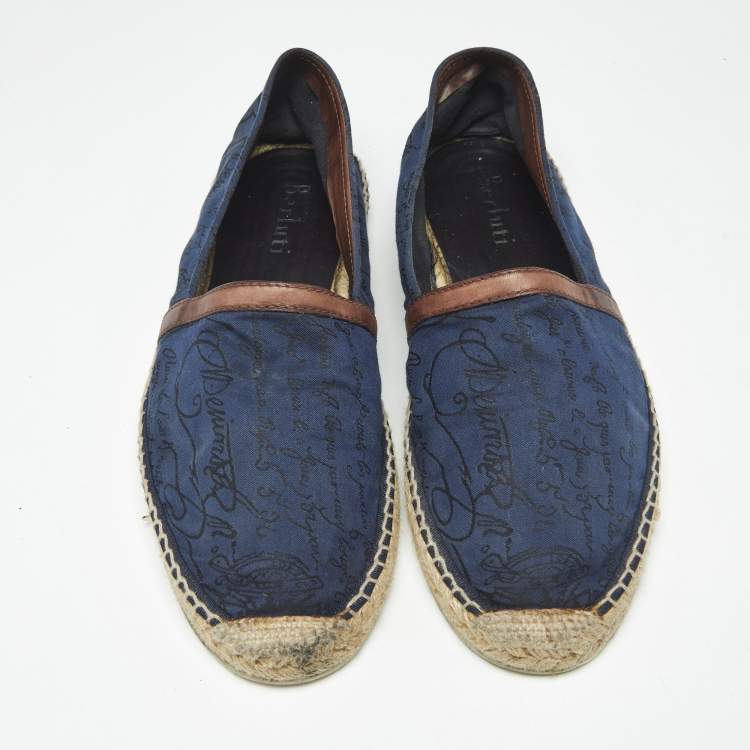 Pre Owned Berluti Navy Blue Canvas and Leather Slip On Espadrille Size 43