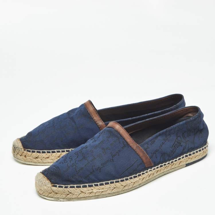 Pre Owned Berluti Navy Blue Canvas and Leather Slip On Espadrille Size 43