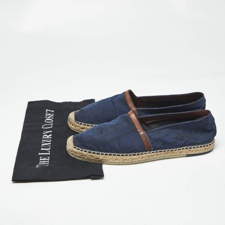 Pre Owned Berluti Navy Blue Canvas and Leather Slip On Espadrille Size 43