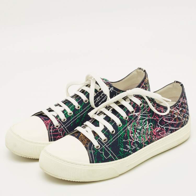 مملوكة مسبقًا Berluti Scritto Size 43 Navy Blue Graphics Canvas Lace Up Sneakers