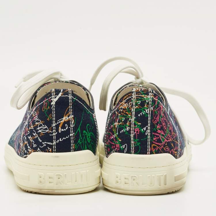 مملوكة مسبقًا Berluti Scritto Size 43 Navy Blue Graphics Canvas Lace Up Sneakers