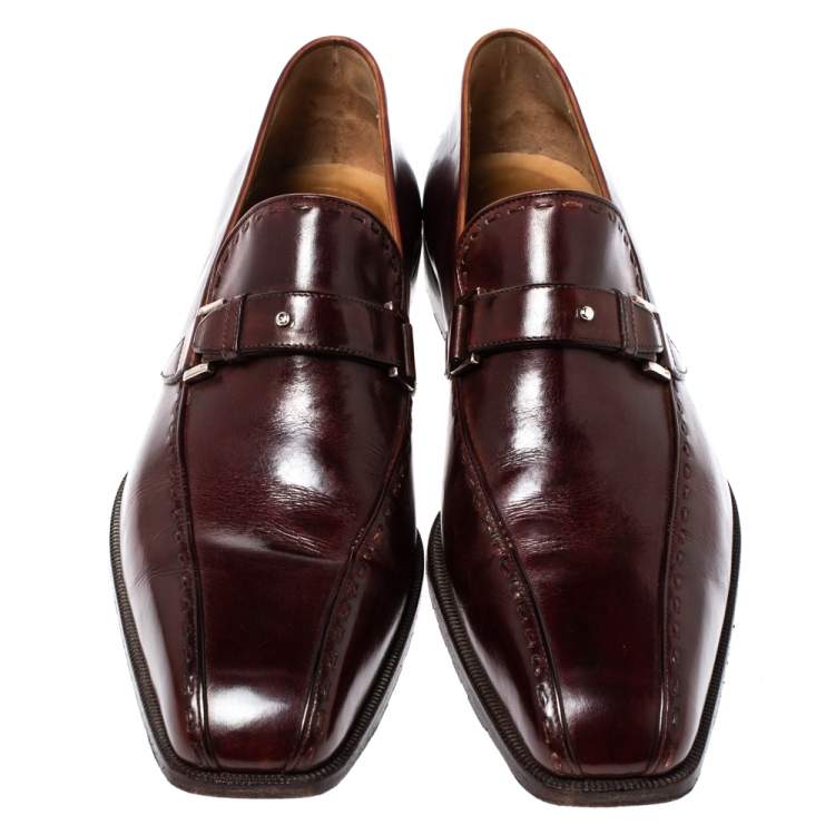 Pre Owned Berluti Bordeaux Leather Vamp Strap And Stitch Detail Slip On Loafers Size 45 