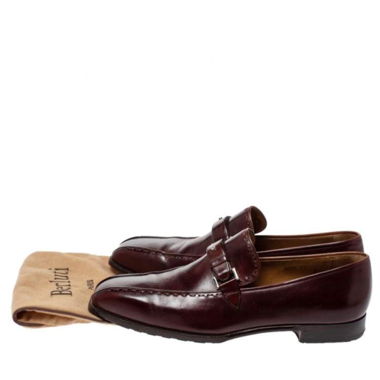 Pre Owned Berluti Bordeaux Leather Vamp Strap And Stitch Detail Slip On Loafers Size 45 