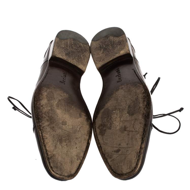 Pre Owned Berluti Dark Brown Leather Signature Stitched Oxfords Size 41.5