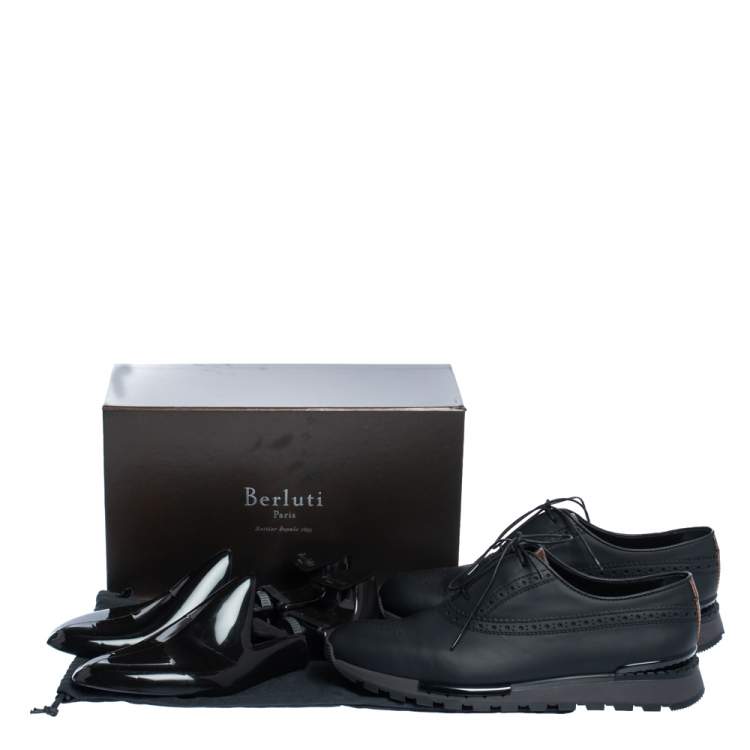Pre Owned Berluti Black Brogue Leather Low Top Lace Up Sneakers Size 41.5