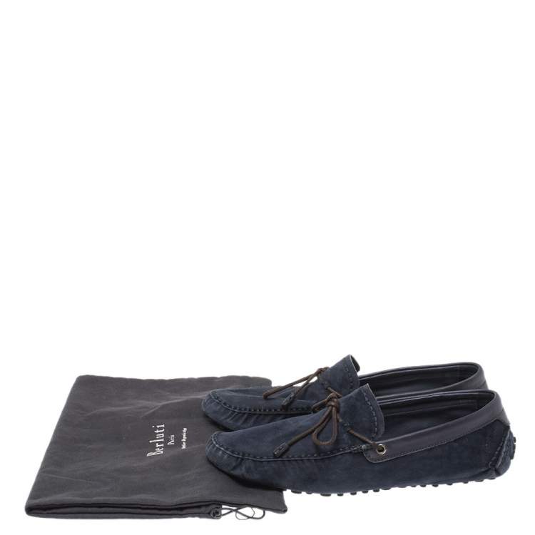 Pre Owned Berluti Navy Blue Soft Suede and Leather Bow Loafers Size 42