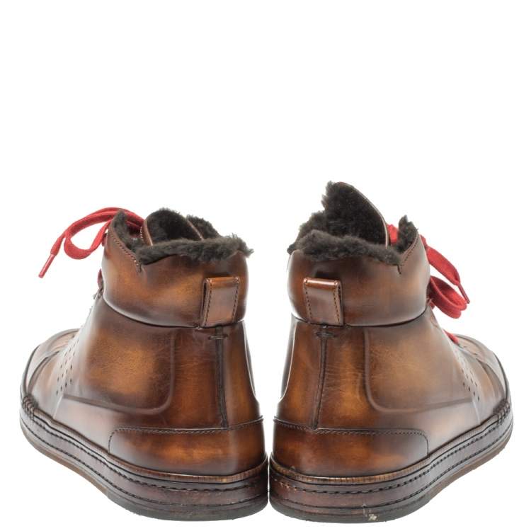 Pre Owned Berluti Brown/Black Leather Playtime Fur High Top Sneakers Size 42.5