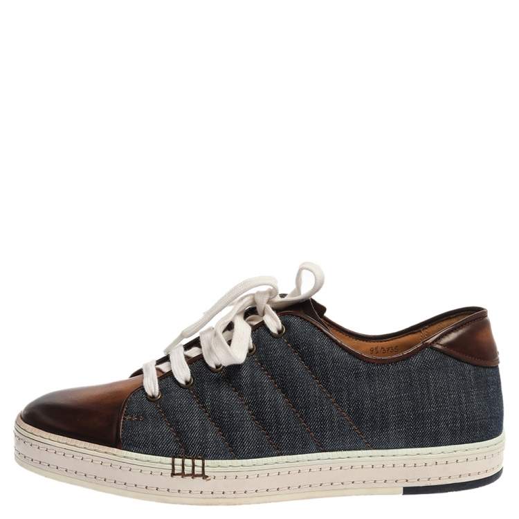 Pre Owned Berluti Blue/Brown Denim And Leather Playfield Side-Stitch Sneakers Size 43.5