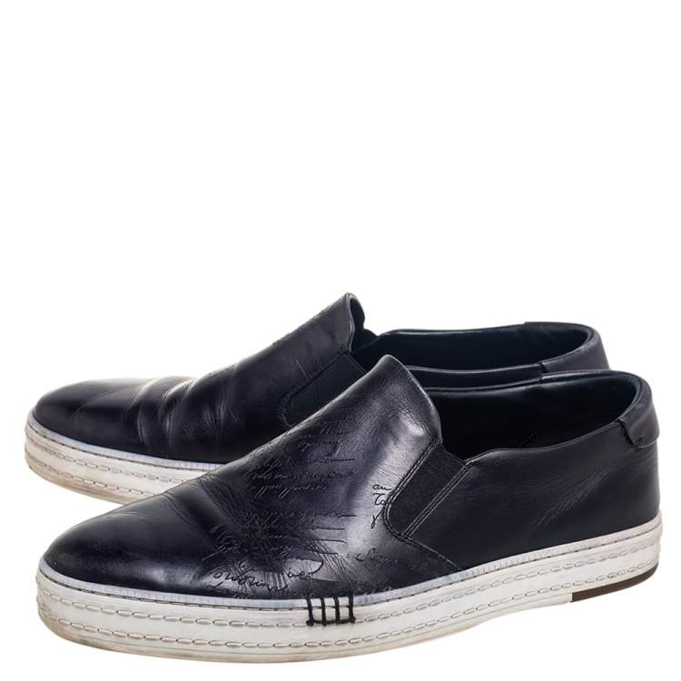مملوكة مسبقًا Berluti Black Leather Playtime Palermo Scritto Slip On Sneakers Size 42