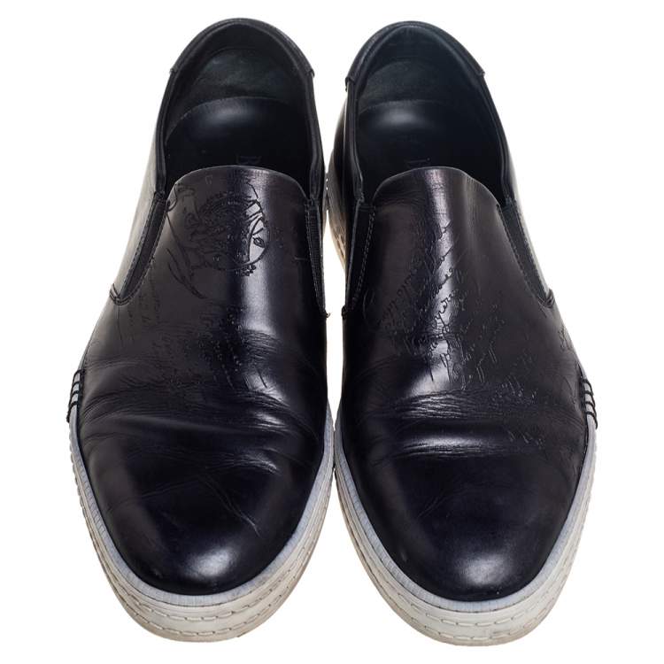 مملوكة مسبقًا Berluti Black Leather Playtime Palermo Scritto Slip On Sneakers Size 42